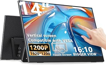 14" Touchscreen Portable Monitor, 1610 19201200 IPS HDR Vertical Monitor, VESA Compatible USB-C Second Screen for Laptop Mac Pc Android No Touch for iPhone/iPad/Consoles
