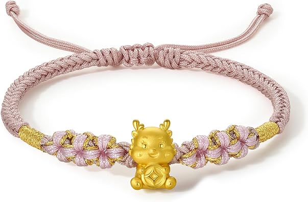 24K Gold Bracelet for Women Dragon Charm Bracelets Adjustable Link Chain Lucky Beads Bangle Feng Shui Braided Rope Good Luck Bangles Dainty Jewelry Stackable Pink Wristband Fortune Solid Gold Gift