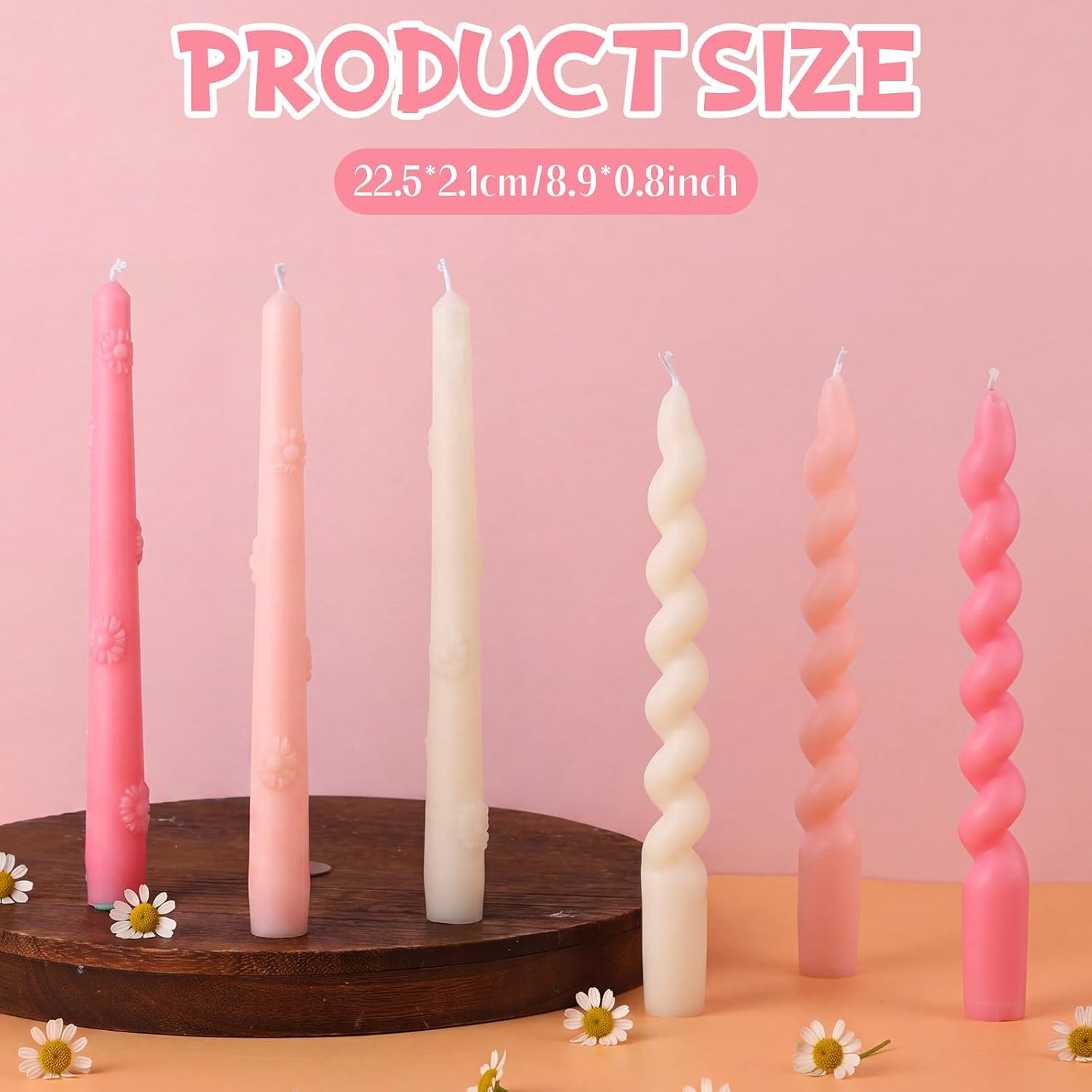 Nuanchu 6 Pcs Floral Decorative Taper Candles 3D Daisy Vintage Dripless Candlesticks 10 Inch Spiral Taper Candles for Weddings Dinner Party Holiday Fall Halloween and Harvest Fireplace Decor