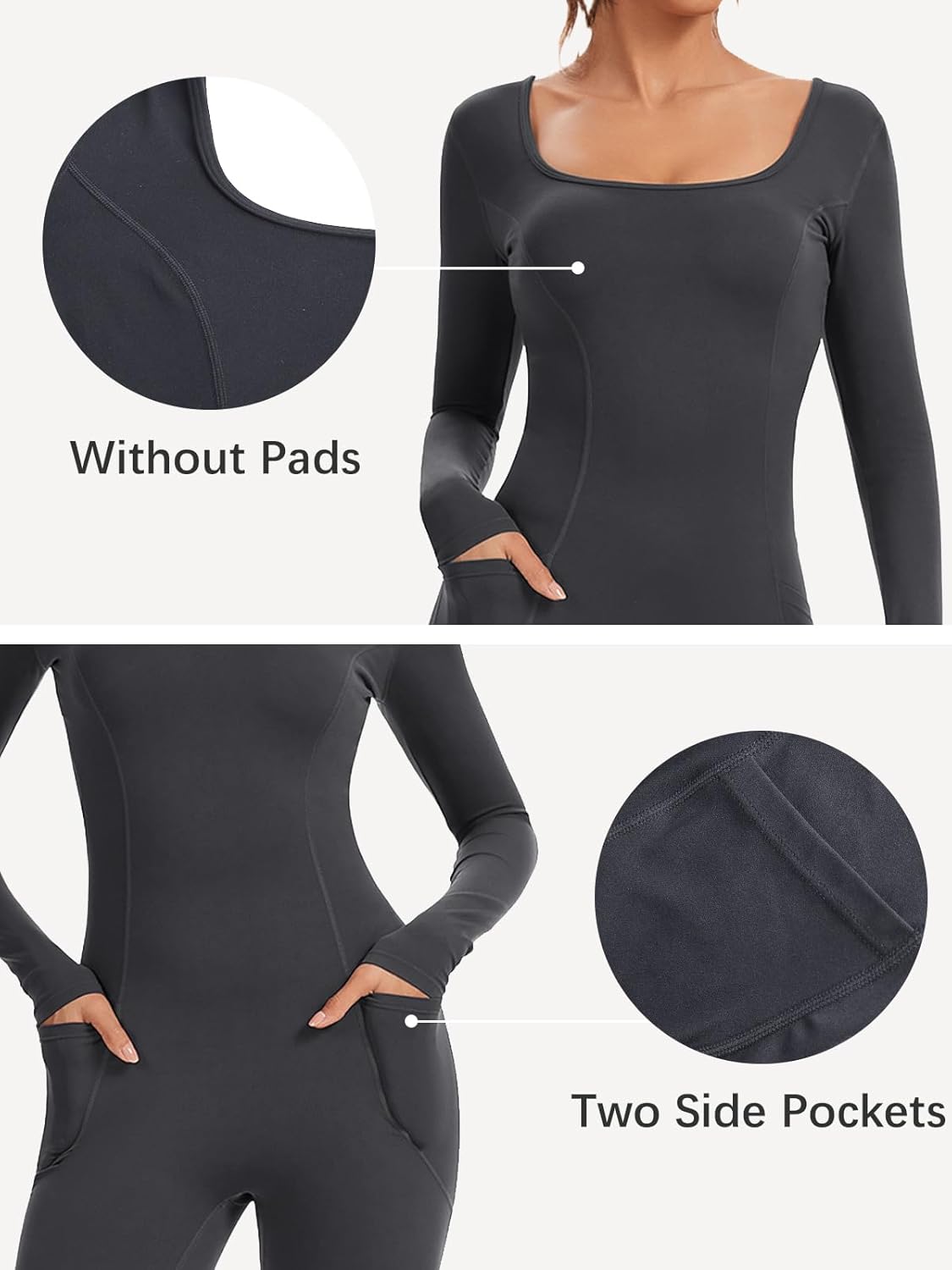 ECUPPER Women Long Sleeve Flared Jumpsuit Scrunch Romper One Piece Full Bodysuits Yoga Unitard Wide Leg Catsuit with Pocket - Image 5