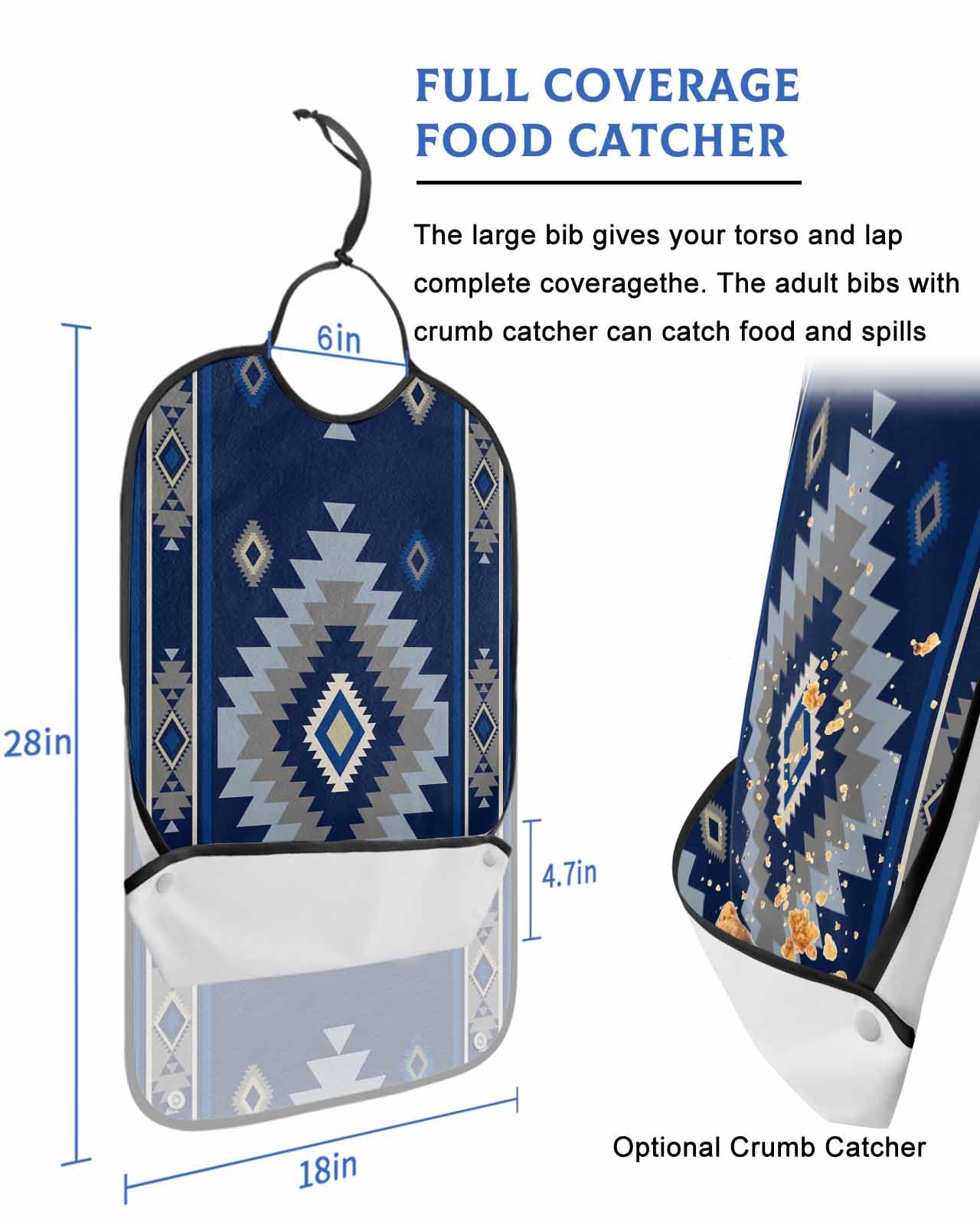 LEOKOTI Blue Boho Adult Bibs for Eating, Waterproof Bibs with Food Catcher & Adjustable Snap Closure, Vintage Ethnic Southwestern Geometric Washable Clothing Protectors Adult Bibs for Elderly