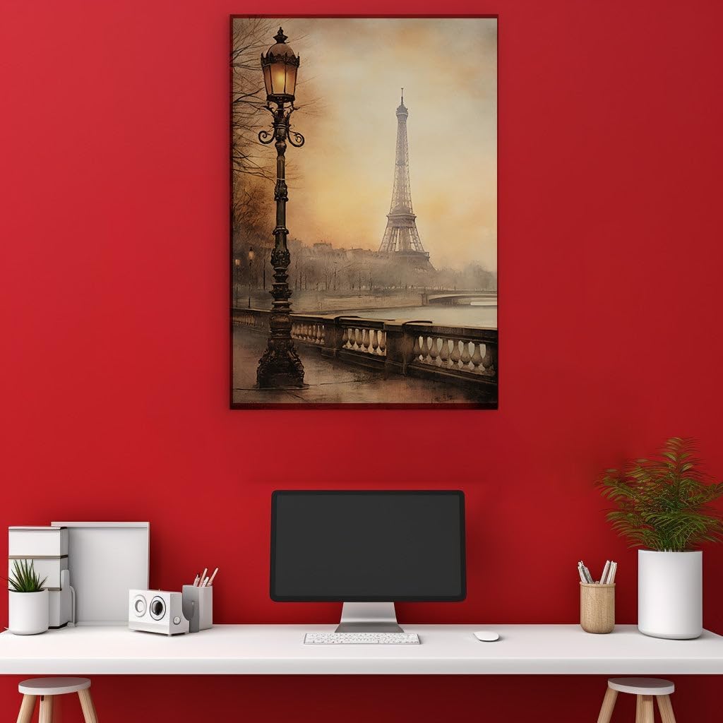 Canvas for Living room. Autumn Whisper in Paris: A Dusk-lit Embrace by the Seine River, 27 x 18 inch Canvas Wall Art - Contemporary Masterpieces - Modern Home Decor - 69x46 cm (27x18 inch)
