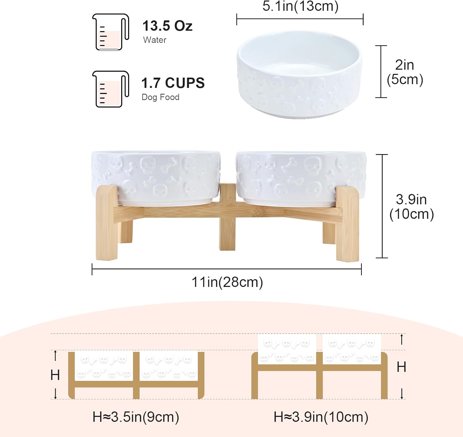 SPUNKYJUNKY Elevated Dog Bowls Ceramic, 5.1'' Dogs and Cat Food Water Bowls Raised with Non-Slip Bamboo Stand for Puppy Small Sized Breed Microwave Dishwasher Safe - 13.5 OZ,Skull White