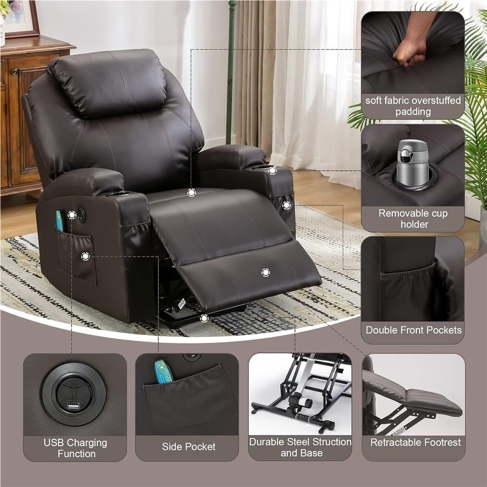 Oversized Power Reclining Single Sofa Electric Lift Recliner Chair with Hidden Footrest Breathable Leather Upholstery Chair for Tall Elderly People Home Use