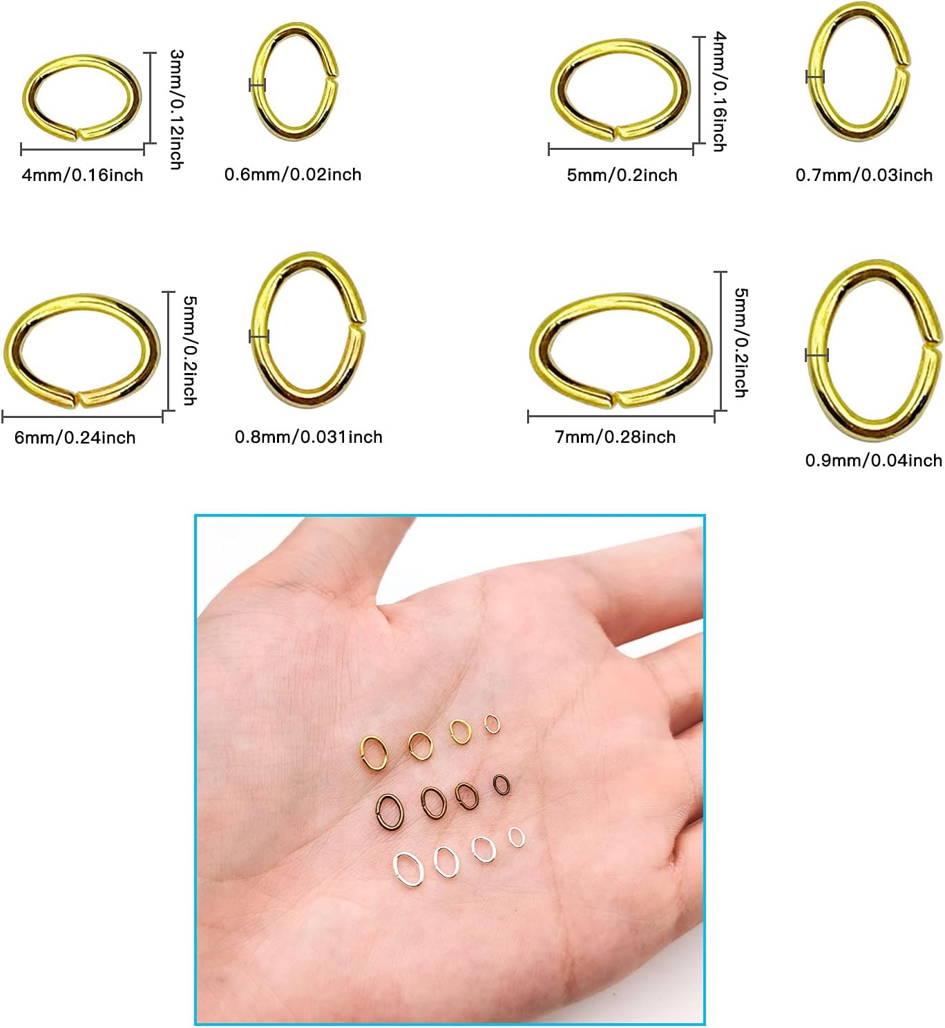 2400pcs Stainless Steel Oval Jump Rings - Oval Connector Rings for Jewelry Making - Earring, Bracelet, Necklace DIY (4 Sizes/3 Colors)