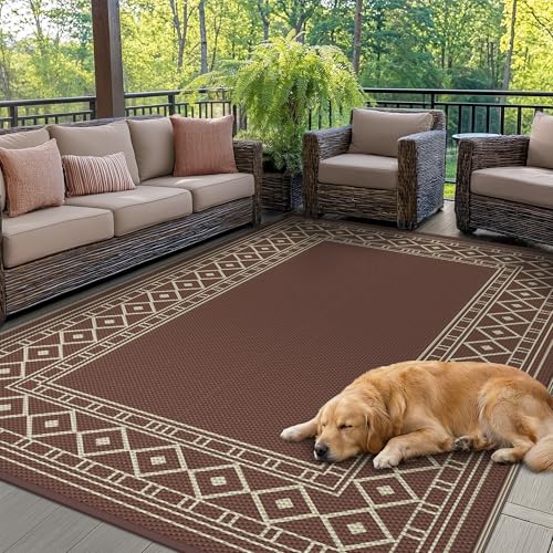 GENIMO 5'x8' Outdoor Rug for Patio, Reversible Plastic Waterproof RV Rugs, Clearance Large Mat, Porch, Camping, Picnic, Deck, Camper, Balcony, Coffee & Beige by GENIMO - Used condition - CA$30.15