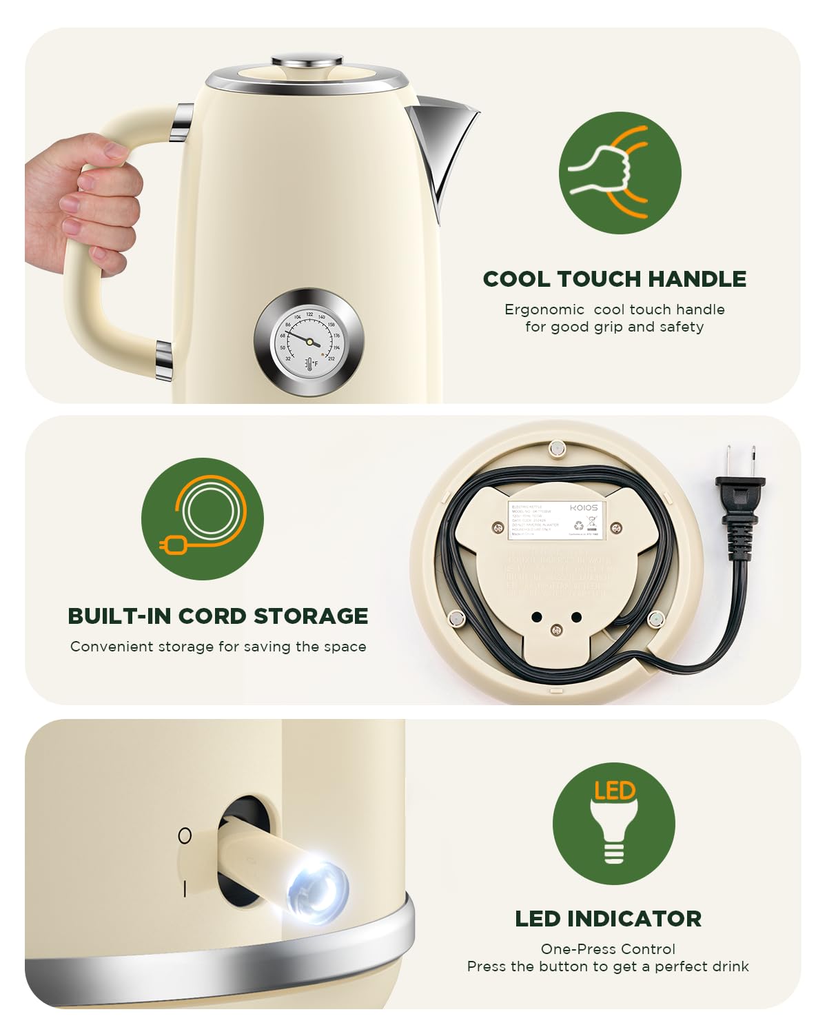 Hervidor eléctrico de 1.8 L con medidor de temperatura, hervidor de té eléctrico de ebullición rápida de 1500 W, hervidor de agua caliente de estilo retro 100% acero inoxidable, luz LED brillante, 8