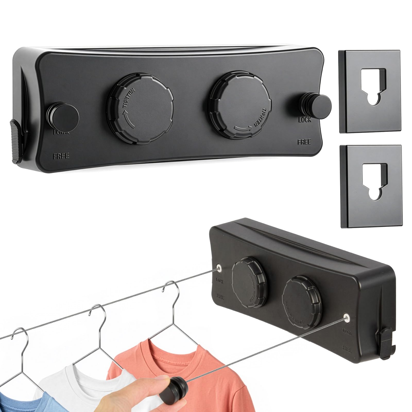 SUNNYNEST Retractable Clothesline Double5.4M Clothesline Retractable Washing Line Wall Mounted Laundry Dryer Indoor Outdoor Laundry Drying Rope, Adjustable Tension Stainless Steel Wall (Black)