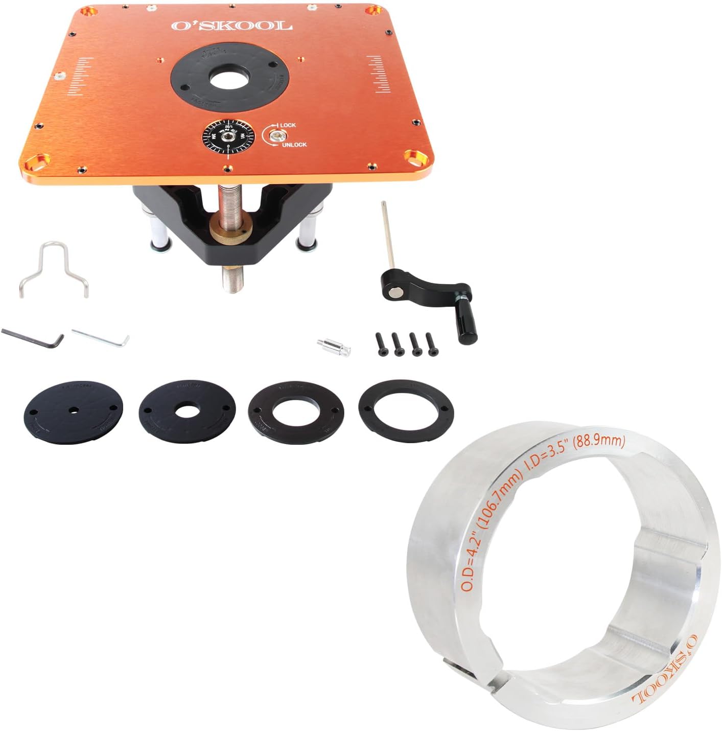 Router Lift Systems for 4.2" Diameter Motors, 9-1/4'' x 11-3/4'' Plate 5-Piece Insert Ring Kit with 3-1/2'' Router Adapter Collar for O'SKOOL Router Lift Systems