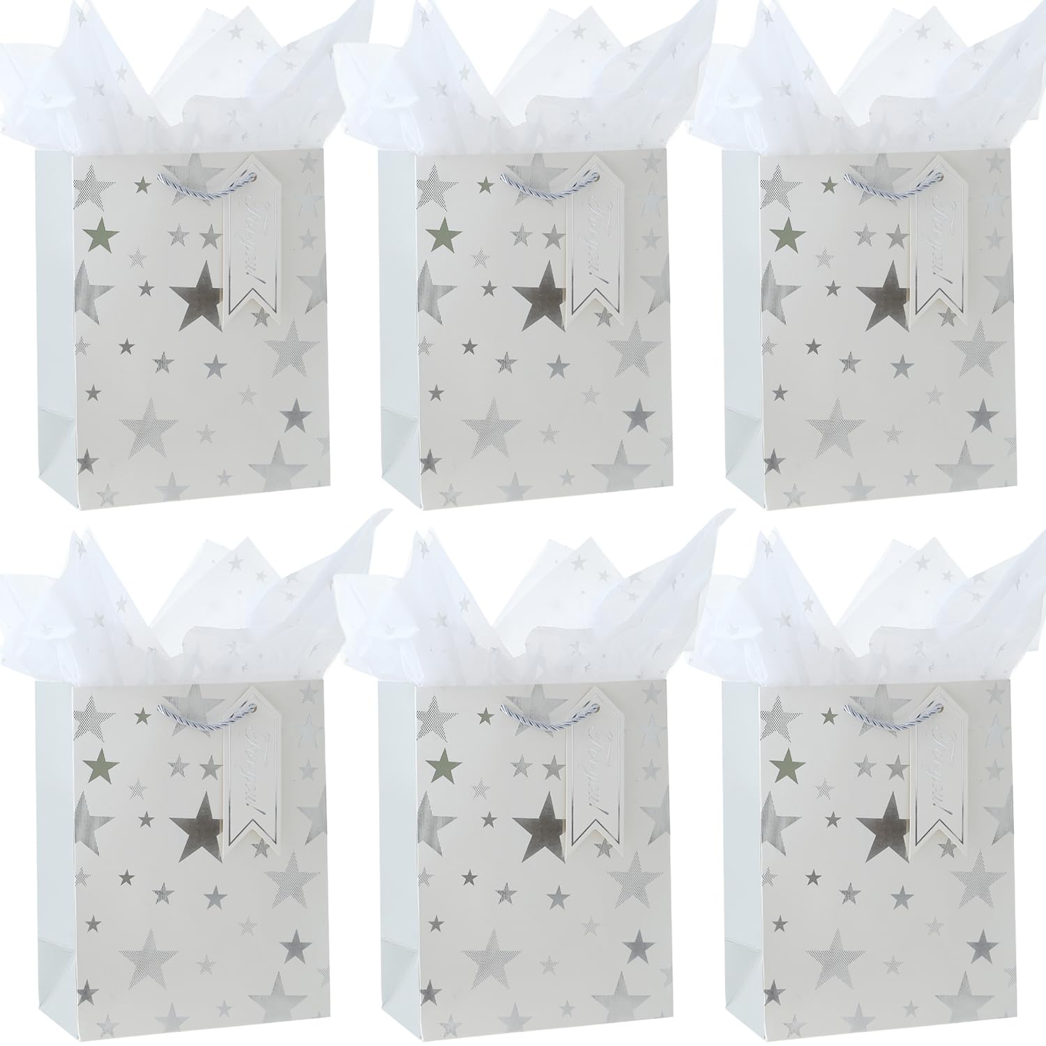 Medium Gift Bags for Present,Paper Bag with Handles Tissue Paper Gift Tags for Men Women Birthday Wedding Party Christmas Father's Day and Any Occation (Sliver)