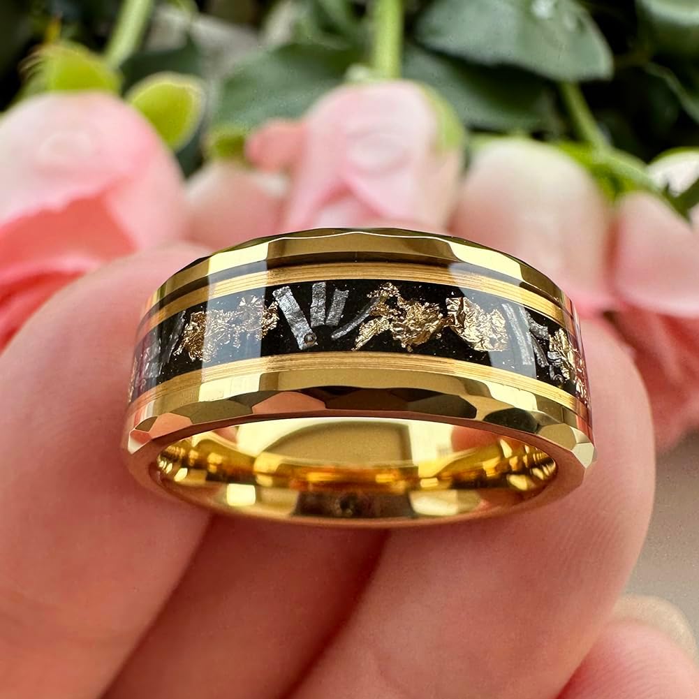 TUTISS 8mm Silver/Black/Gold Tungsten Rings for Men Women Meteorite Chips Gold Foil Galaxy Opal Inlay Promise Engagement Wedding Band Polished Shiny Comfort Fit