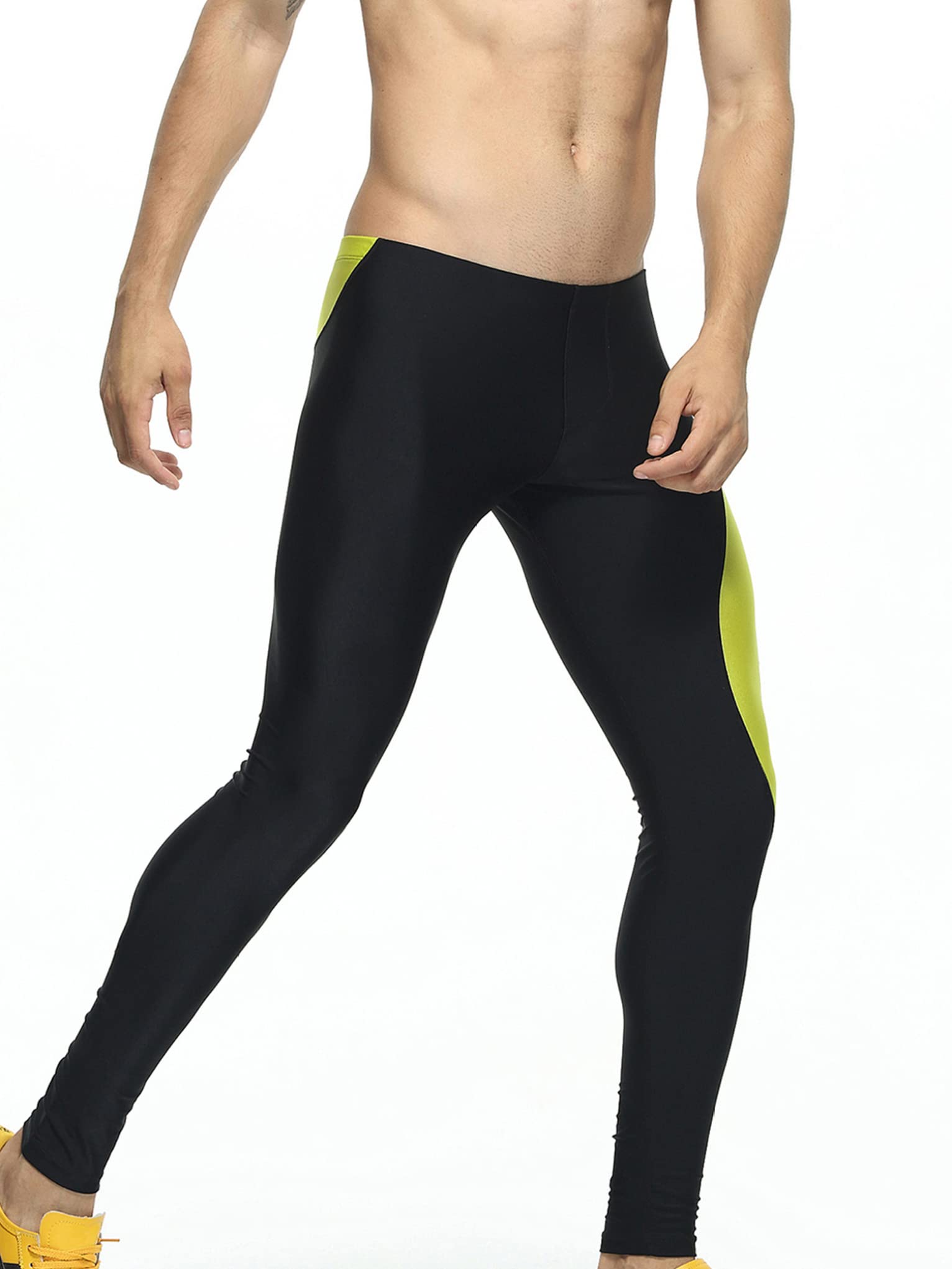 Mufeng Mens Shiny Sports Compression Pants Color Block Workout Yoga Leggings Elastic Waistband Skinny Pants Bottoms Black&Yellow Small
