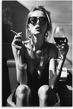 LINWDSB Bathroom Decor Wall Art Black and White Woman Rest and Relax on Toilet Sexy Posters Fashion Modern Artwork Canvas PrintUnframe-style12x18inch30x45cm