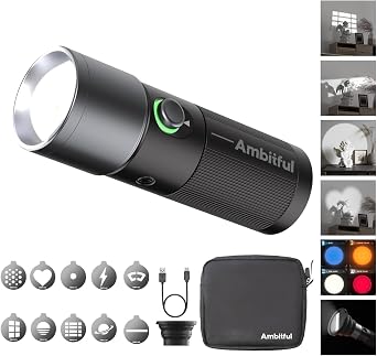 AMBITFUL LED Photography Flashlight, 4 Color Modes 10 Brightness Levels, 8400mAh Rechargeable Handheld Fill Light with Metal Magnetic Gobos for Video Photography Vlog 10W