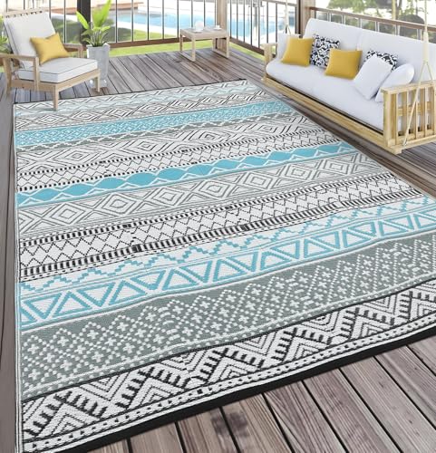 GarveeHome Outdoor Rug 8x10 Reversible Mats, Plastic Straw Rug, Modern Area Rug, Large Floor Mat and Rug for Outdoors, RV, Patio, Backyard, Deck, Picnic, Beach, Trailer, Camping, Blue/Grey(Boho)