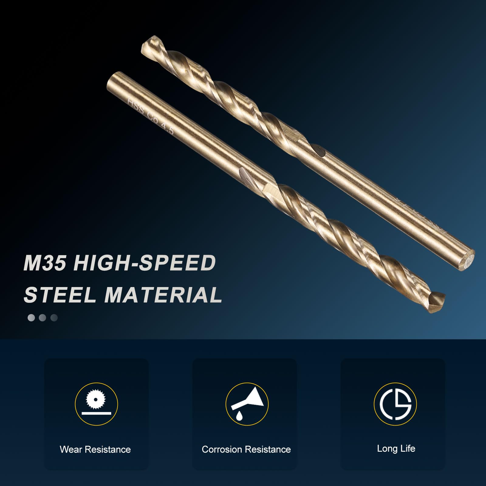 PATIKIL 4.5mm Drill Bit, M35 Cobalt 5% High-Speed Steel Jobber Straight Shank 135° Gold Finish for Stainless Steel Hard Metal - 5 Pack - Image 3