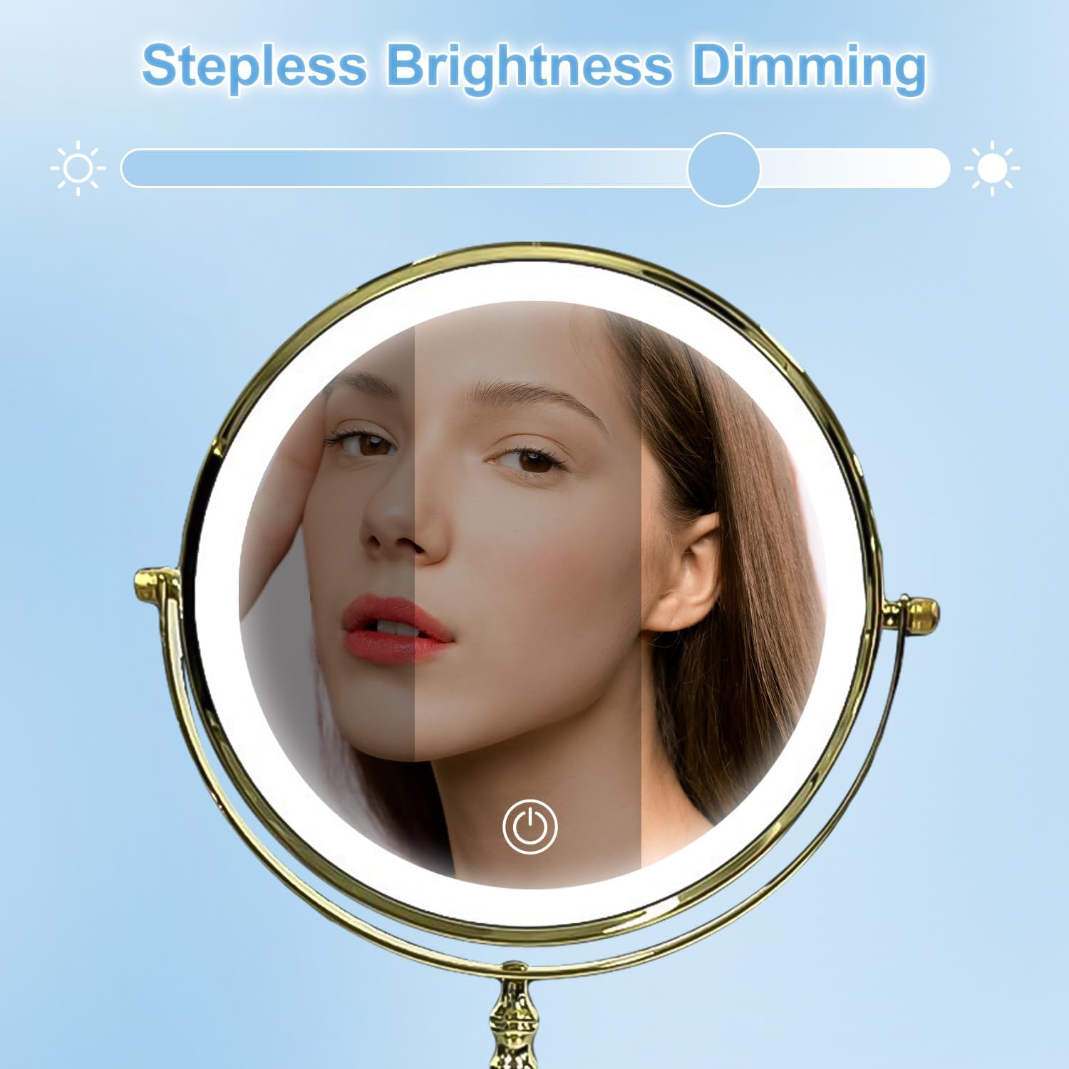 Lighted Makeup Mirror with Magnification, 8" Round 1X/10X Magnifying Mirror Swivel Touch Screen 3 Colors Dimmable, Type-C Rechargeable Vanity Mirror with Lights for Makeup Desk, Gold