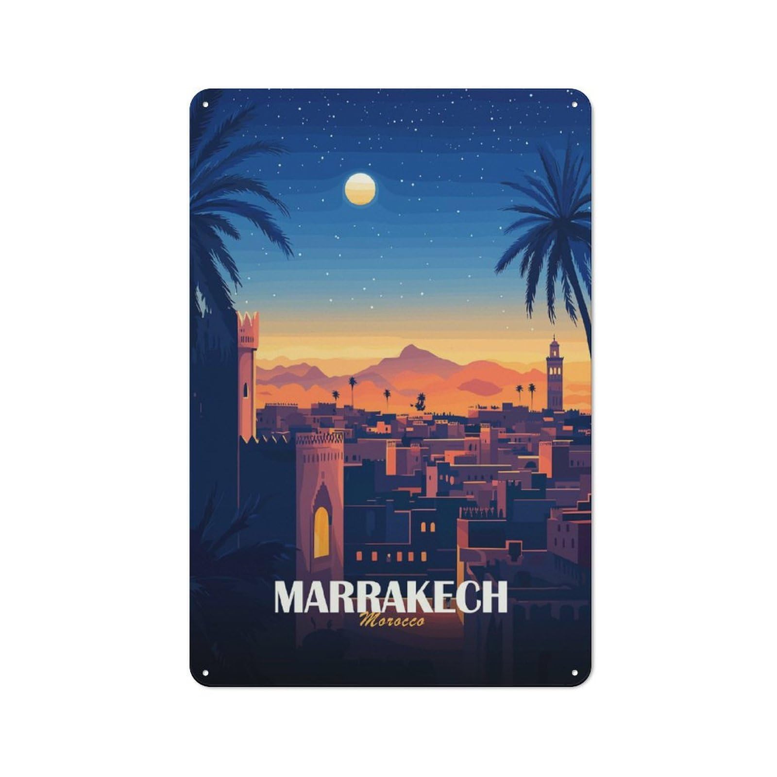 Junmoney Style-12 Marrakech, Morocco Cityscape At Night Rustic Tin Wall Plaque 30X20cm For Hobby Room Or Studio, A New Home Present For Creative Interior Collectors
