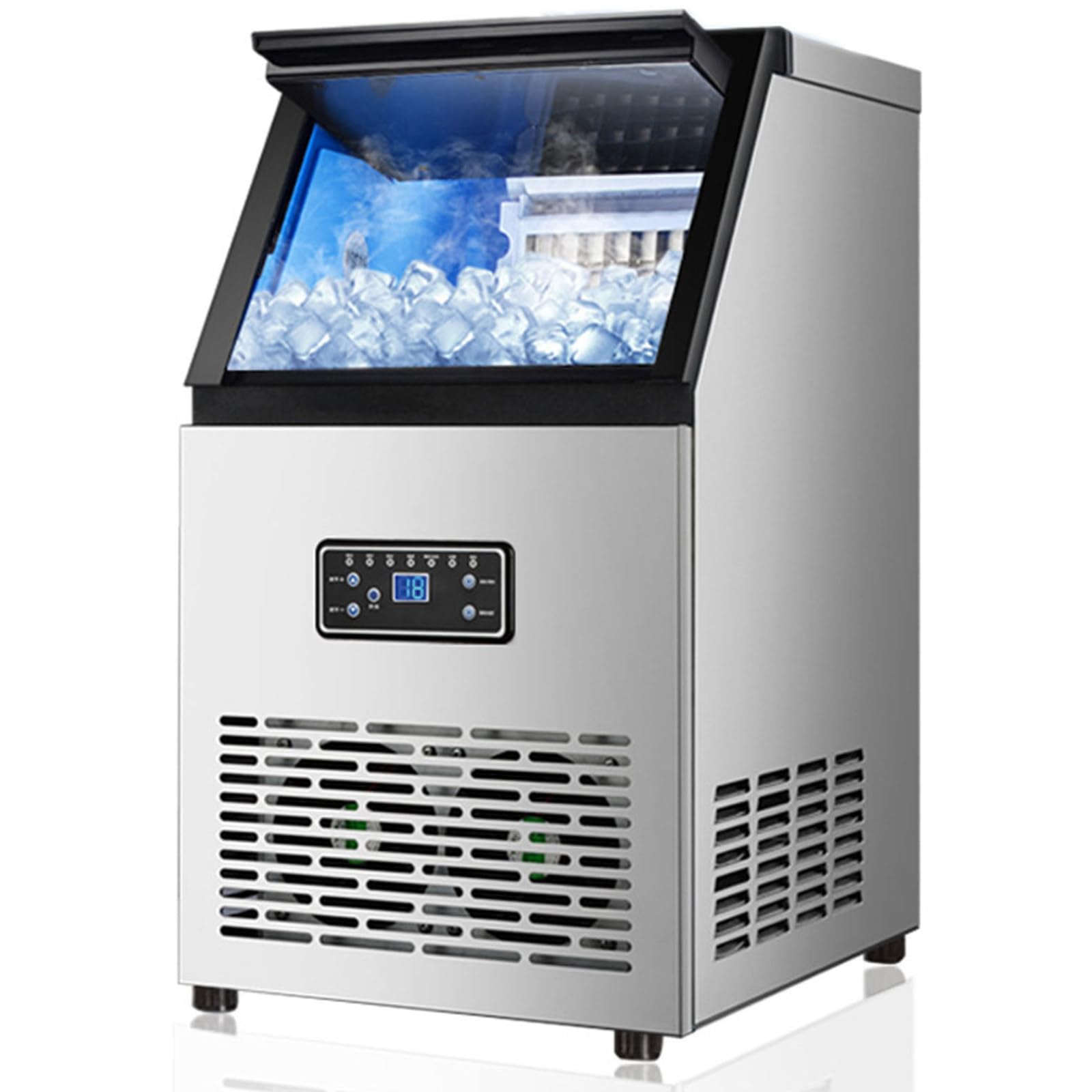 Máquina para Fabricar Hielo 100kg/24 H Almacenamiento 15Kg,45 Cubitos por Ciclo Acero Inoxidable,Independiente Y Encimera con Pantalla LED Y Autolimpieza,para Bar,Restaurante