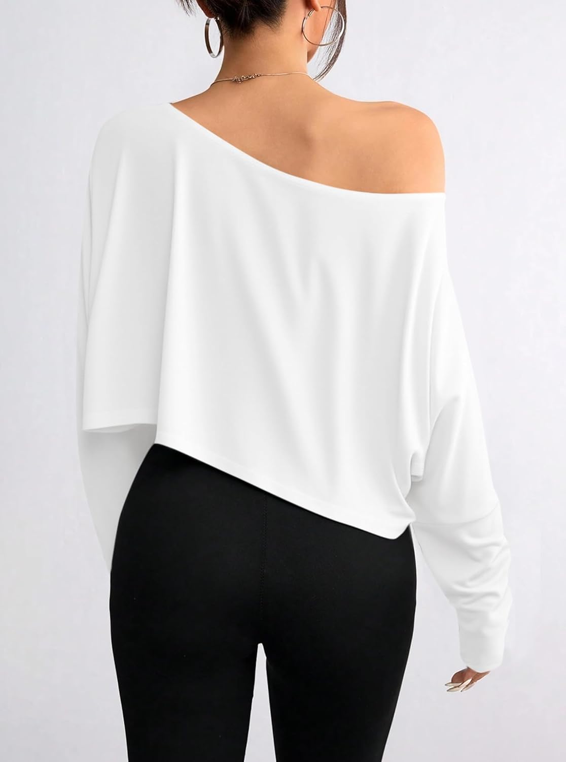 Hilinker Womens Off Shoulder Long Sleeve Crop Tops Sexy Boat Neck Loose Casual T Shirt - Image 2