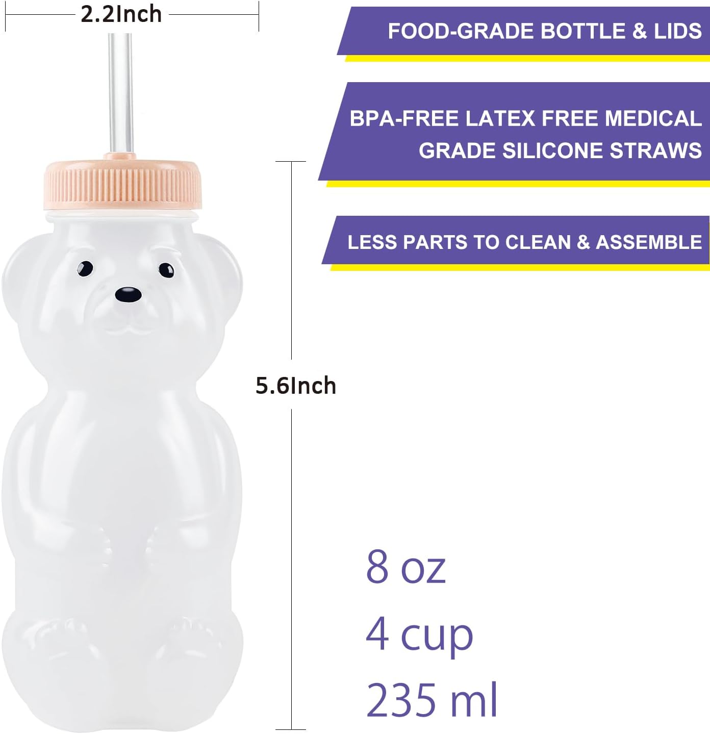 Honey Bear Straw Cups for Babies 4 pack, 8oz straw bear cup with improved safety lid design, honey bear cup and honey bear bottle. Straw learning therapy cup. Leak-Proof & Food-Grade & BPA Free