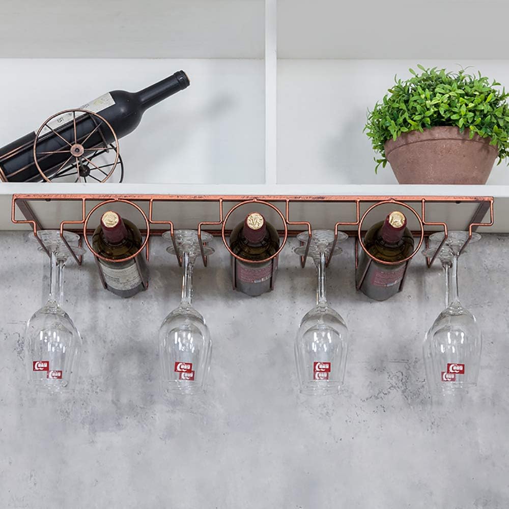 Black Friday - 40% OFF Under Cabinet Stemware Glasses Rack, Wine Glasses Storage, Hold up to 8 Glasses and 3 Wine Bottles, Metal Organizer for Bar Kitchen (Red Copper)