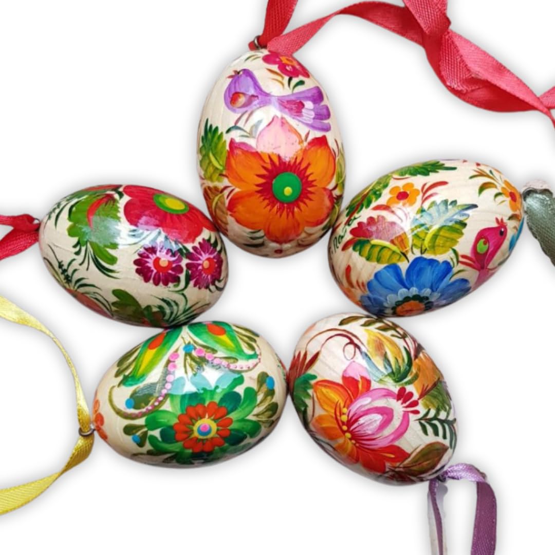 Handbemalte Ostereier Mini zum Aufhängen aus Holz 5 St Set mit Schönem Blumenmuster der Ukrainischer traditioneller Petrykiwka-Malerei