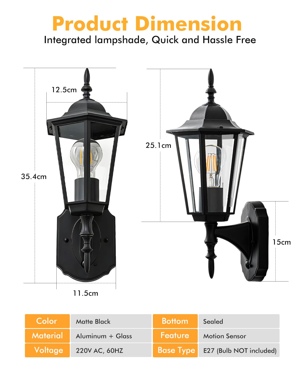 FTL Wandlampe Außen mit Bewegungsmelder, Verbesserte 3 Beleuchtungsmodi Lampe mit Bewegungsmelder Aussen, E27 Aluminium Ausenbeleutung Hauswand, Traditionell Aussenlampe Wand für Garten Haustür, IP54