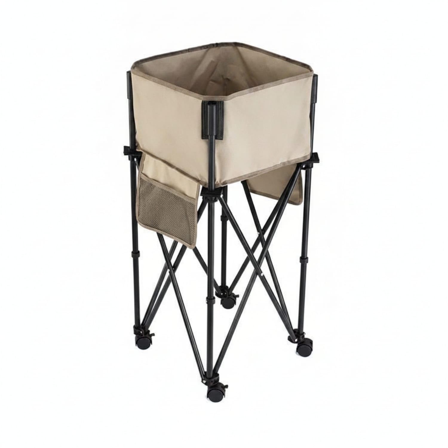 Portable Foldable Storage Rack Metal Frame Cloth Storage Bin Open Top Bin Shelf Organizer Cylindrical for Outdoor, Khaki, with Wheels-image-3