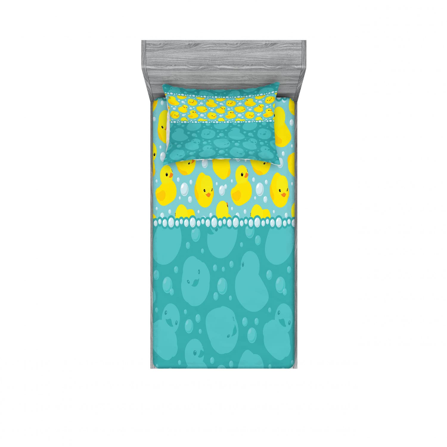 Ambesonne Rubber Duck Fitted Sheet & Pillow Sham Set, Cartoon Style Duckies Swimming in Water Pattern Fun Bubbles Aqua Colors, Decorative Printed 4 Piece Bedding Decor Set, Twinxl, Dark Seafoam Yellow