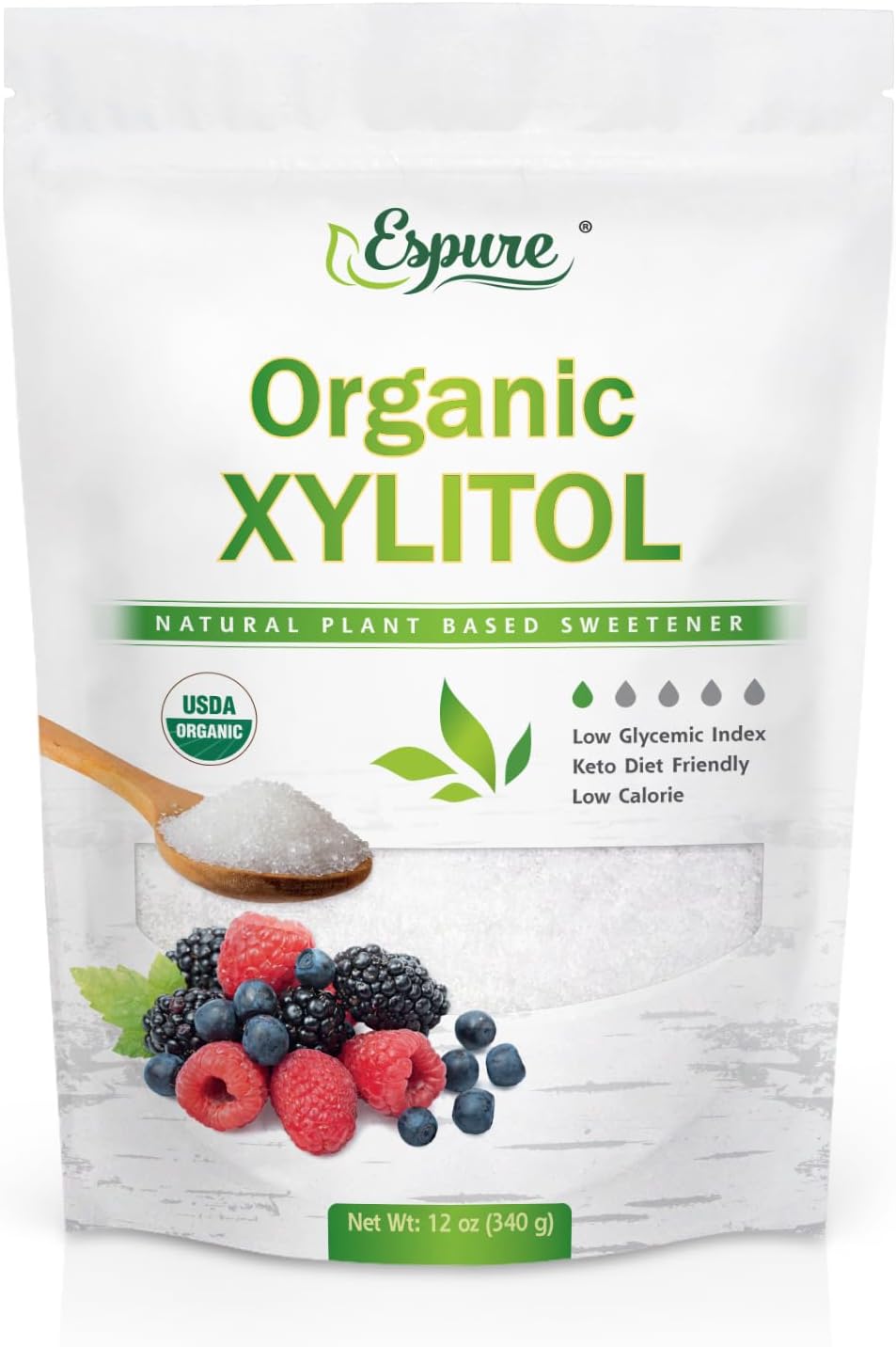 Organic Xylitol - Derived from USDA Certified Organic Birch, Low Calorie, Keto, Sugar Substitute; 12 Oz