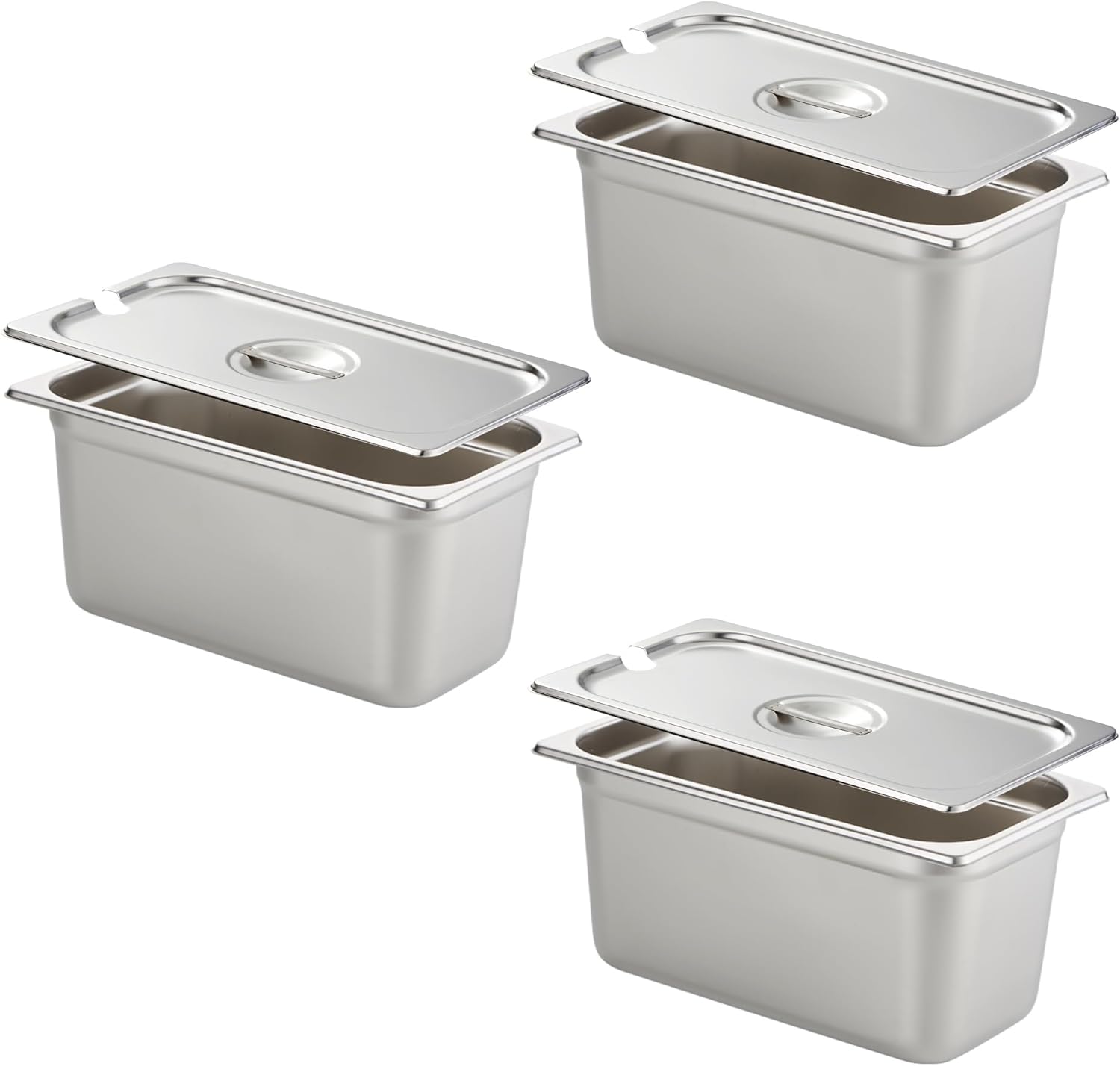 HECMAC 3 Pack 1/3 Size Stainless Steel Hotel Pans (6 Inch Deep) Notched Lid