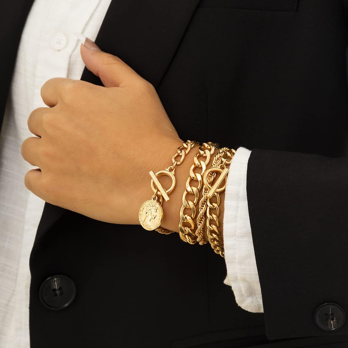 Octwine Boho Dainty O T Clasp Bracelet Bangles Stackable Chain Bracelet Set Chunky Layered Bracelet Chain Jewelry for Women Gold（4 pcs） - Image 4