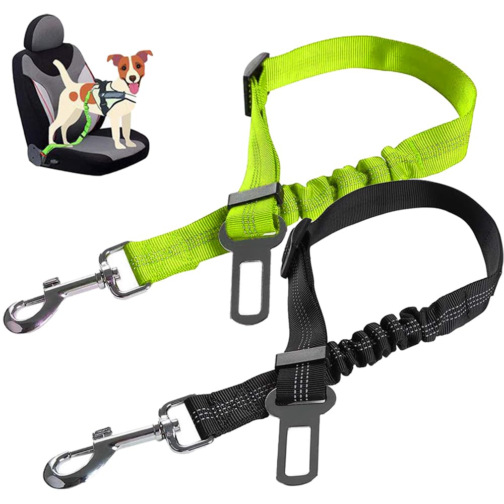 2 Pièces Ceinture Chien Voiture, Harnais Chien Universel Laisse pour Voiture avec Absorption de Chocs Clip de Harnais pour Animaux de Compagnie Accessoire pour Chats et Chiens (Noir, Vert)
