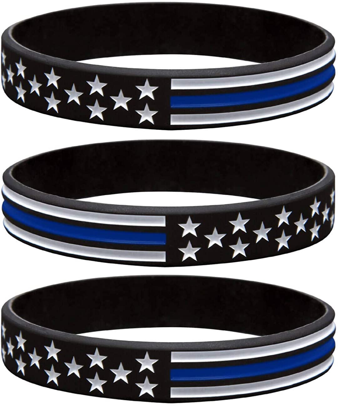 Sainstone Thin Blue Line American Flag Police Bracelet - Blue Lives Matter Silicone Rubber Wristband Band - Support Law Enforcement Gifts - 7" inch Size for Women, Wife (3-Pack)