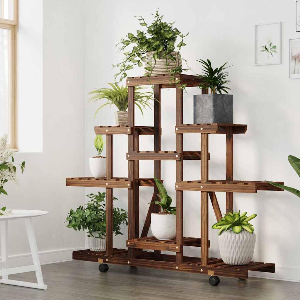 Pflanzenregal mit Rollen 110x25x101 cm Blumenständer aus Tannenholz Mehrstöckige Blumentreppe für Indoor Wohnzimmer Balkon und Terrasse Karbonisiert Braun