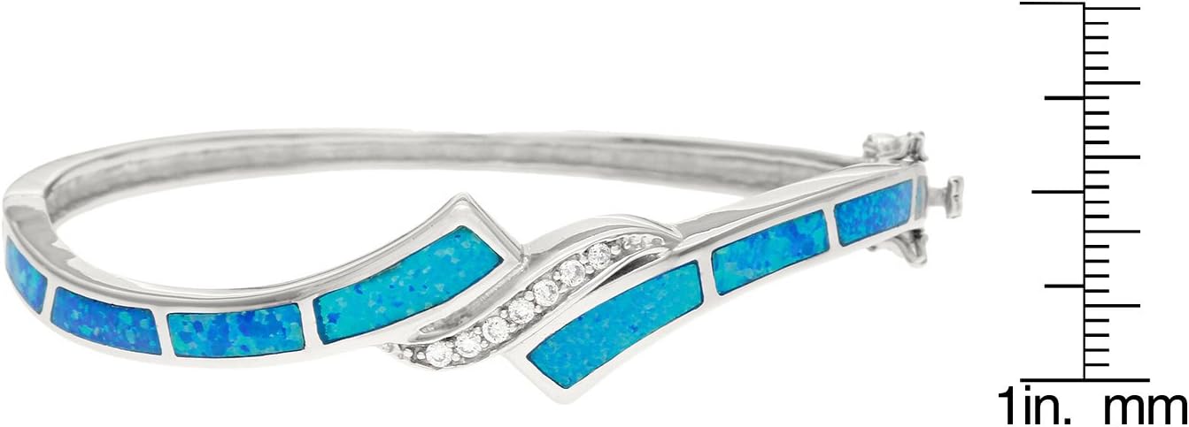 Sterling Silver Created Blue Opal & CZ Bangle