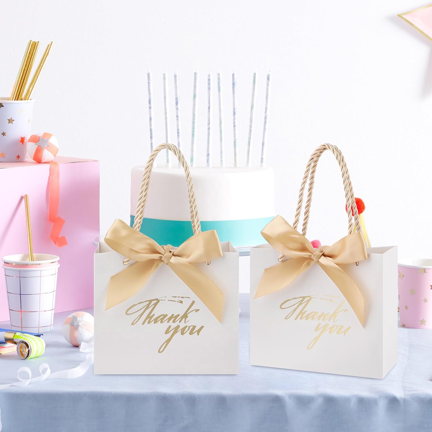 Motroce 100Pcs Small Thank You Gift Bags With Handles, 5.5 x 2.4 x 4.7 Inches White Gold Mini Gift Bags Bulk, Party Favor Bags with Ribbons for Wedding Baby Shower Birthday Christmas - Image 5