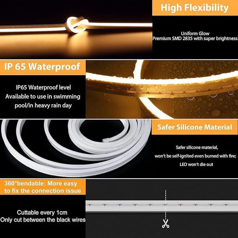 Image of V.E.S.P.A 16.4 Feet Neon LED Strip Lights, with 12V Adapter, Waterproof IP65 | Silicone Flexible Rope Light for Wall Decor | DIY Name Signs | Neon Lights | 5 Meter | (Warm-White)