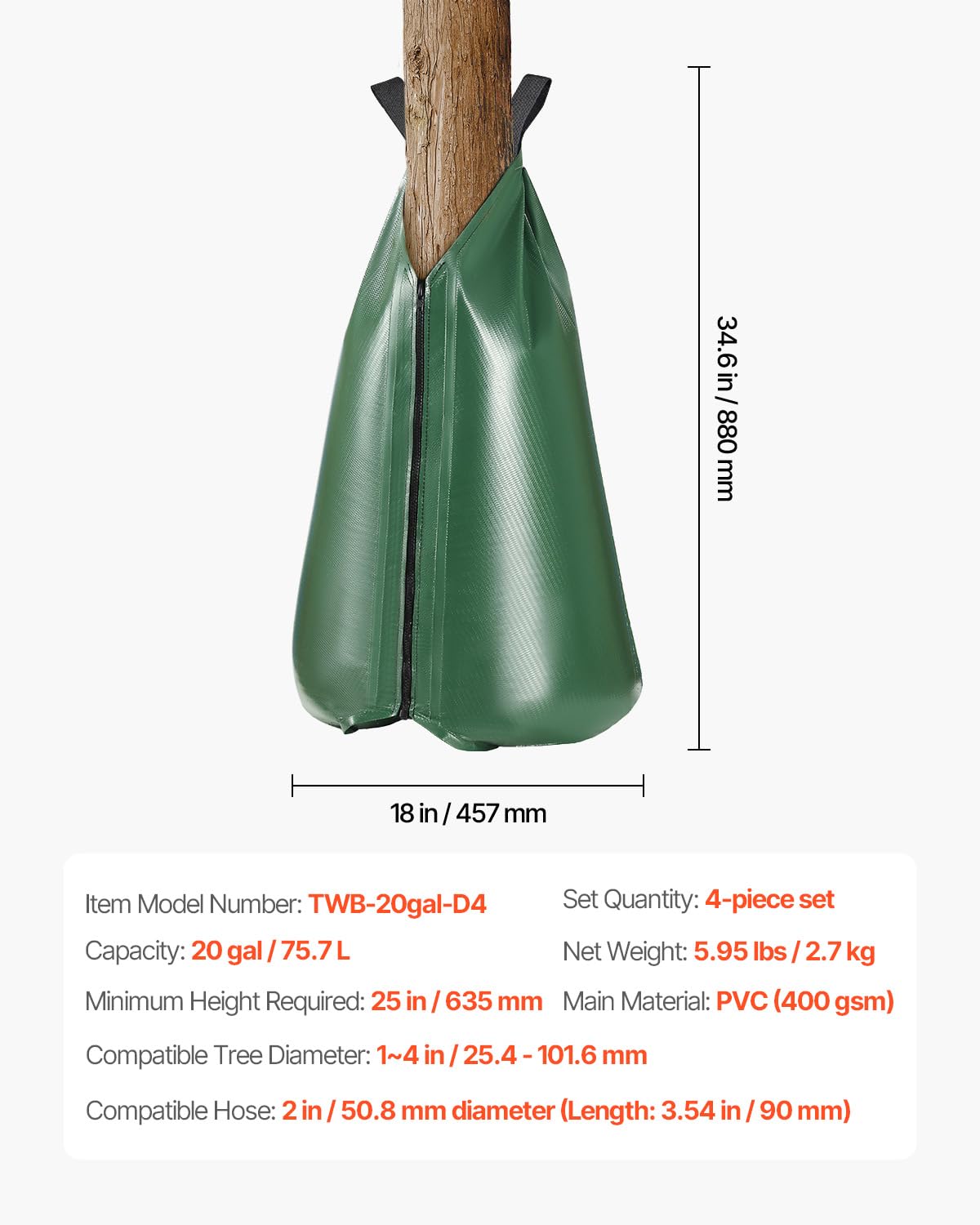 VEVOR 4 PCS Bolsa de Riego de 75,7 L para Árboles Nuevos, Bolsas de Riego por Goteo para Árboles Rellenables de Liberación Lenta de 5 a 9 Horas con Cremallera para Apuntar a las Raíces Profundas