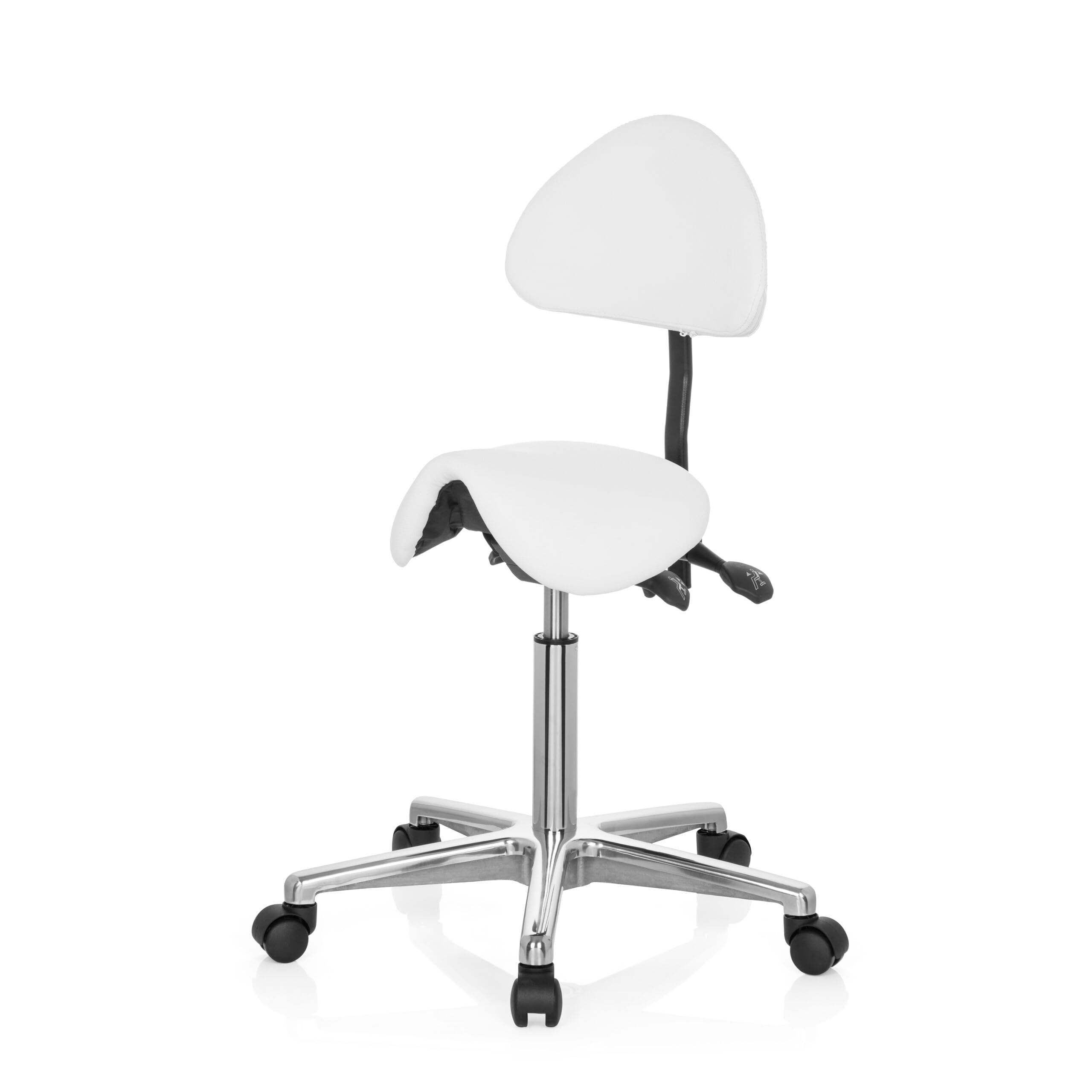 hjh OFFICE 608900 Arbeitshocker mit Lehne TOP Work 20 PU Weiß Sattelhocker mit Rollen höhenverstellbar, neigbar