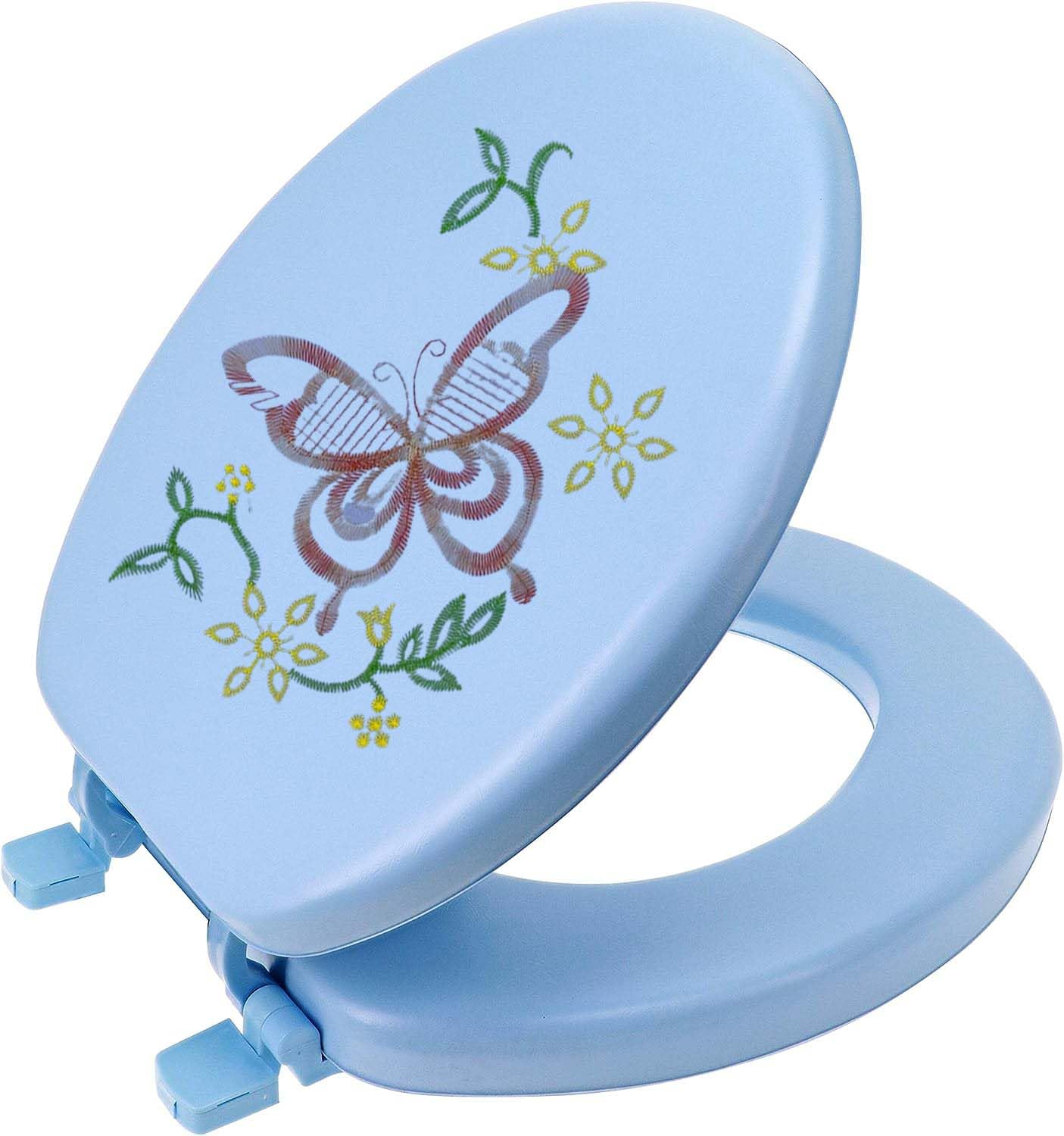 17" Embroidery Soft Cushion Toilet Seat Padded Foam Butterfly Adult Bathroom WC Soft Close Hygiene Sanitary Antimicrobial Toilet Seat (Blue)