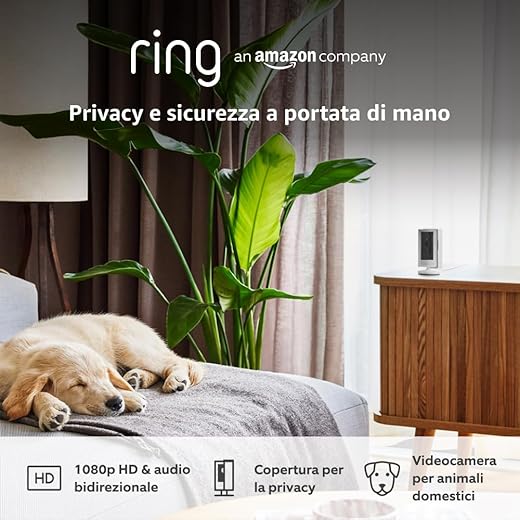Ring videocamera interna (Indoor Camera 2ª gen.) | Telecamera di sorveglianza per animali domestici | Audio bidirezionale, copertura per la privacy, fai-da-te | Ring Home: 30 gg. prova gratuita
