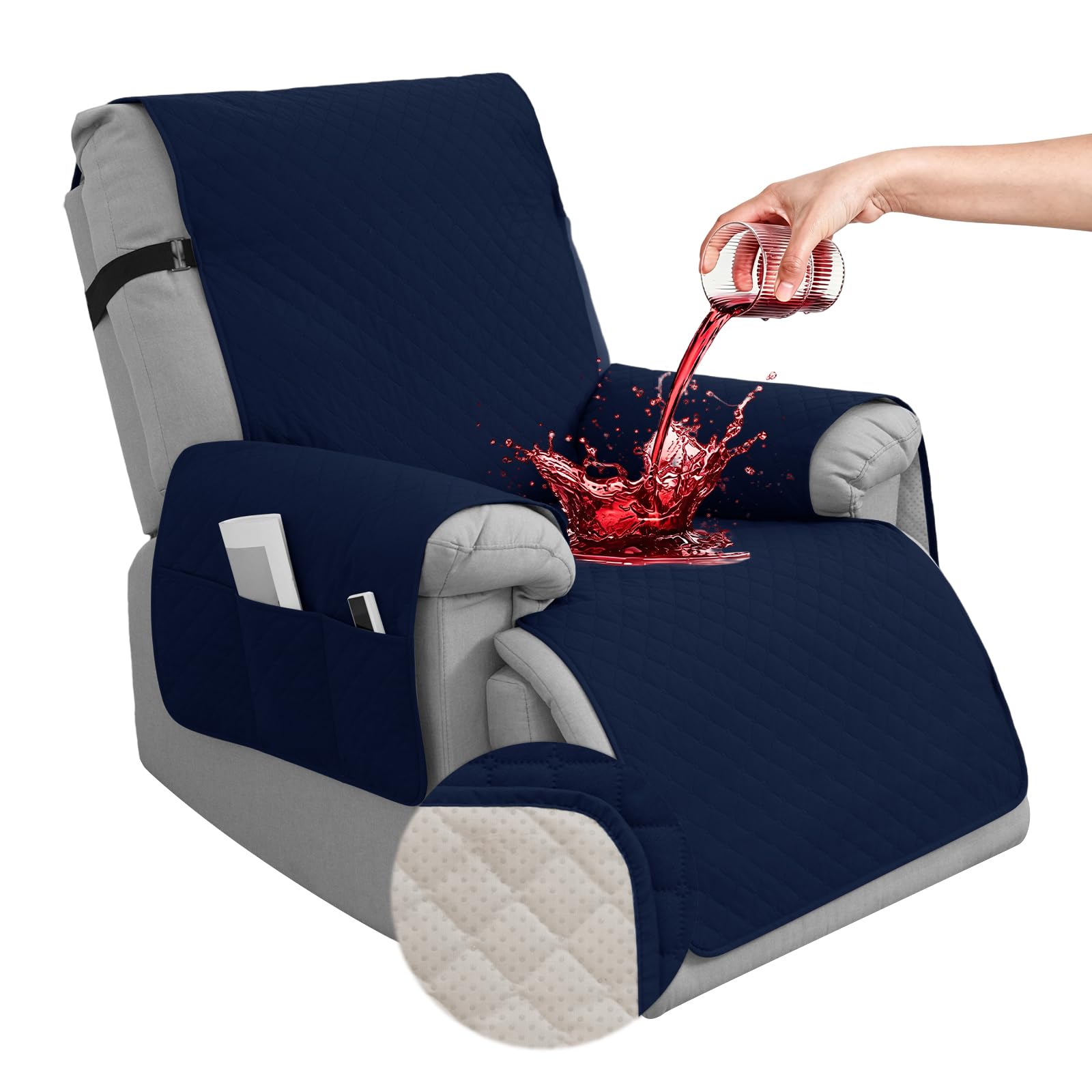 Hiiksolo Waterproof Recliner Chair Cover, Non-Slip Recliner Covers with Side Pockets, Washable Furniture Protector for Reclining Chair, Soft Velvet Slipcover for Pets Kids 1 Seater 23.6" Navy Blue