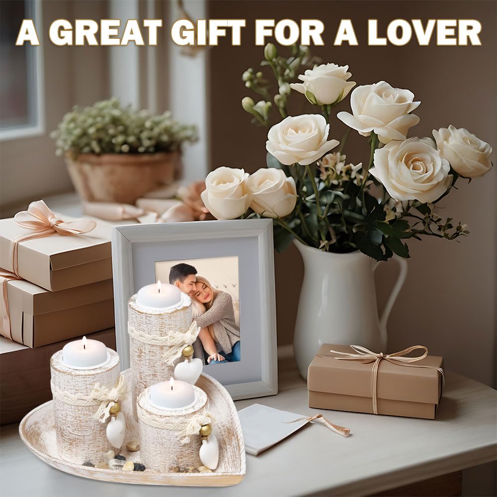 Set di 3 Portacandele in Legno con Vassoio a Cuore e Campana Spegnicandela Candelabri decorativi per Tealights per Compleanni,Matrimoni,Cene Romantiche,Natale e Decorazioni da Tavolo