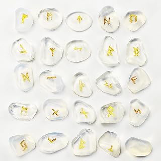 Opalite Rune Stones Set - 24 Glowing Norse Divination Runes with Pouch & Guidebook - for Moon Magic, Intuition Boost & Spiritual Gifts (25PCS Opalite)