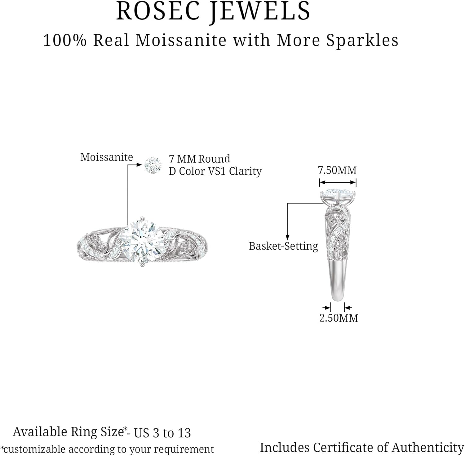 Certified 1.6 Carat Brilliant Cut Moissanite Engagement Ring, D-Vs1 Quality, Vintage Moissanite Ring - Mothers Day Gift