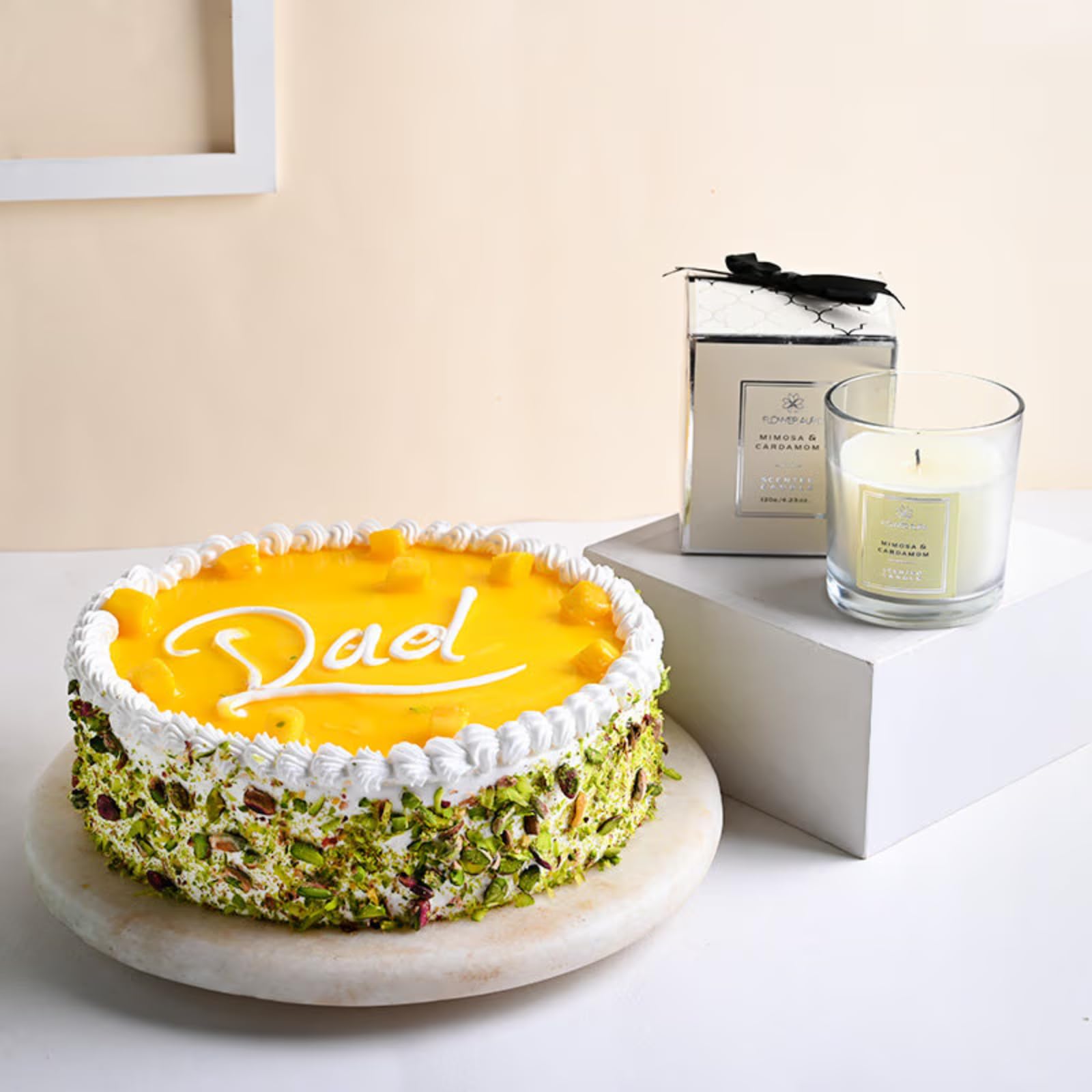 FlowerAura Delicious 500g Classy Mango Cake With Topper & Scented Candle | Gift For Father | Gift For Dad | Gift For Papa | Gift For Father-In-Law | Gift For Father's Day (Same Day Delivery)-image-21
