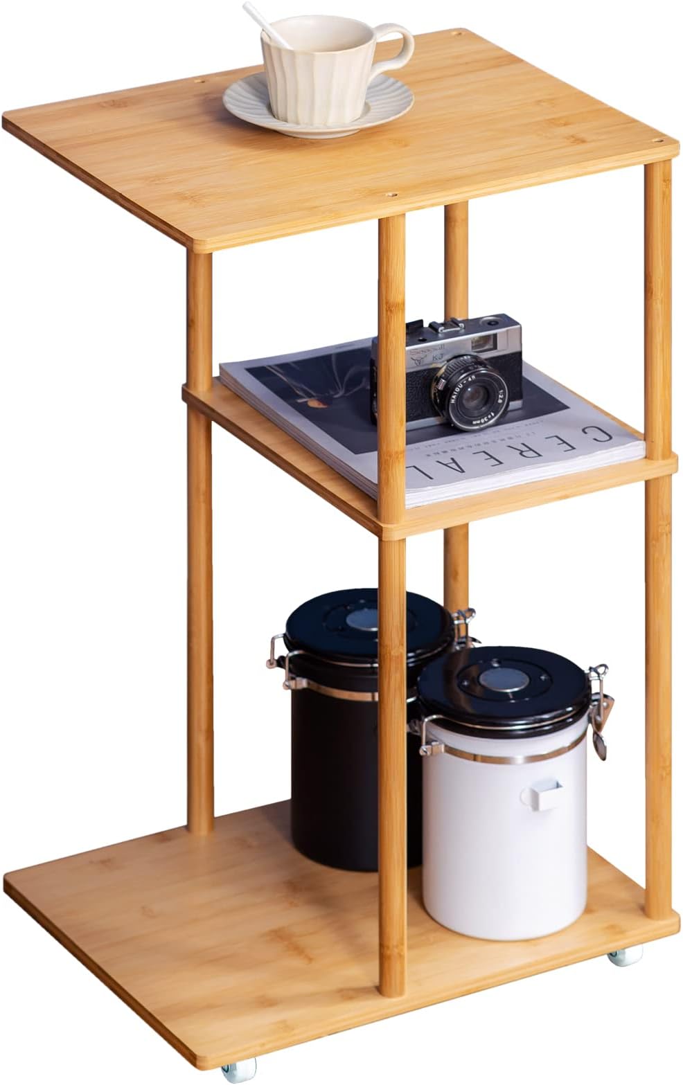 Bamboo Rolling C-Shaped Nightstand End Table - 3-Tier Side Table with Modern Design for Home, Bedroom, Office, and Dorm - Versatile Bedside Furniture and Accent End Table Chest