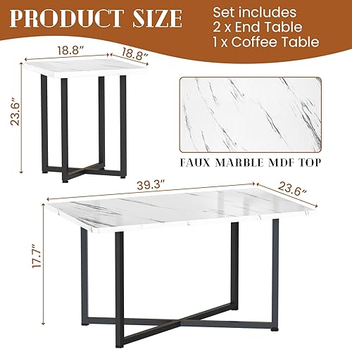 Miniatura 3 de Hooseng Juego de 3 mesas auxiliares y mesas auxiliares, moderno juego de mesa de sala de estar con marco de metal para apartamento, oficina en casa